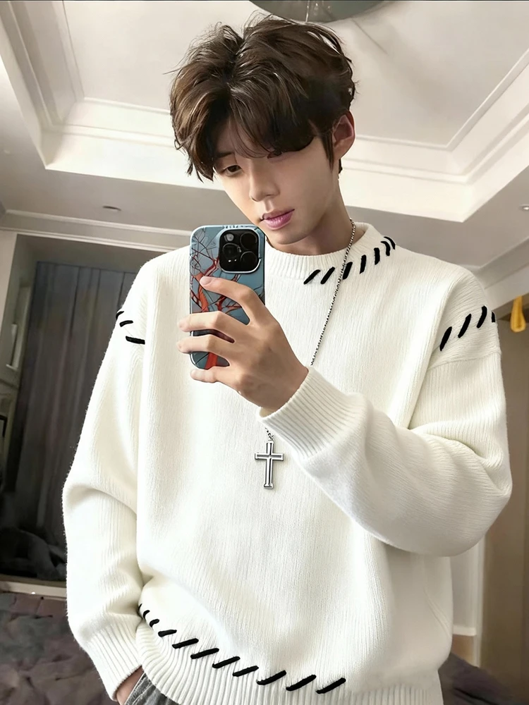 

Вязаный свитер ручной работы с круглым вырезом для мужчин: осенне-зимний корейский стиль, американский базовый свитер, одежда из пряжи