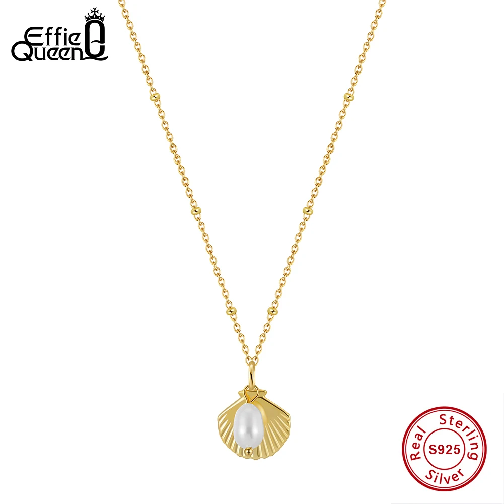 EFFIE QUEEN 925 Silver Conch Pendant Necklace with Natural Pearl for Women Girl Shell Chain Necklace Summer Sea Beach Gift GPN83
