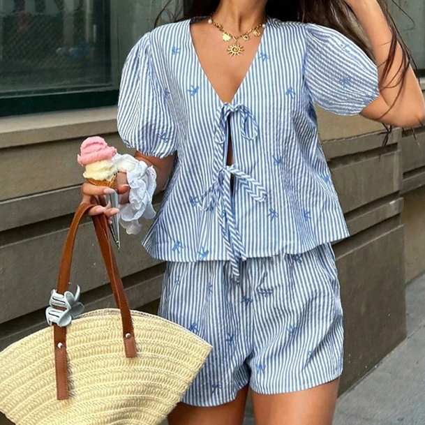 2026 New Women European American Style Striped Bowknot Tie Short Sleeve Loose Comfortable Two Piece Pajama Set Loungewear