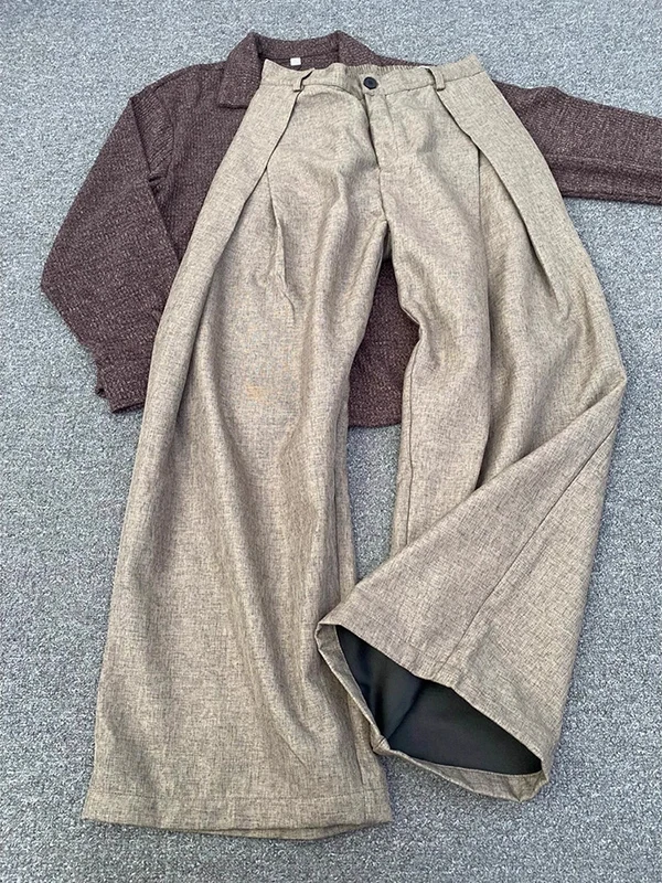 

Мужские широкие брюки трапециевидной формы, осенние повседневные брюки со складками, старые деньги, прочный прямой крой из полиэфирного волокна