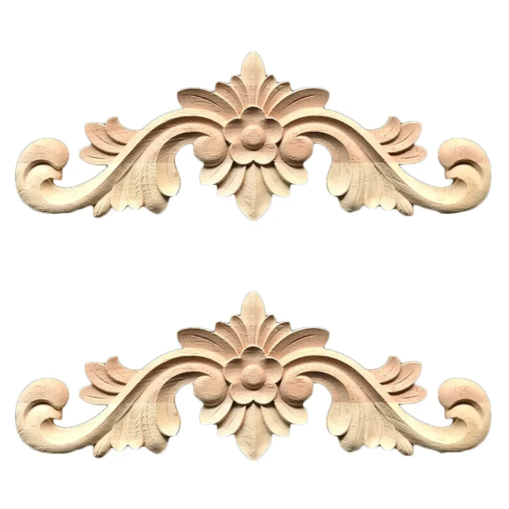 2Pcs European Style Flower Wood Carved Long Applique Frame Corner Onlay Wood Carving Decal Unpainted Furniture Home DIY Decor