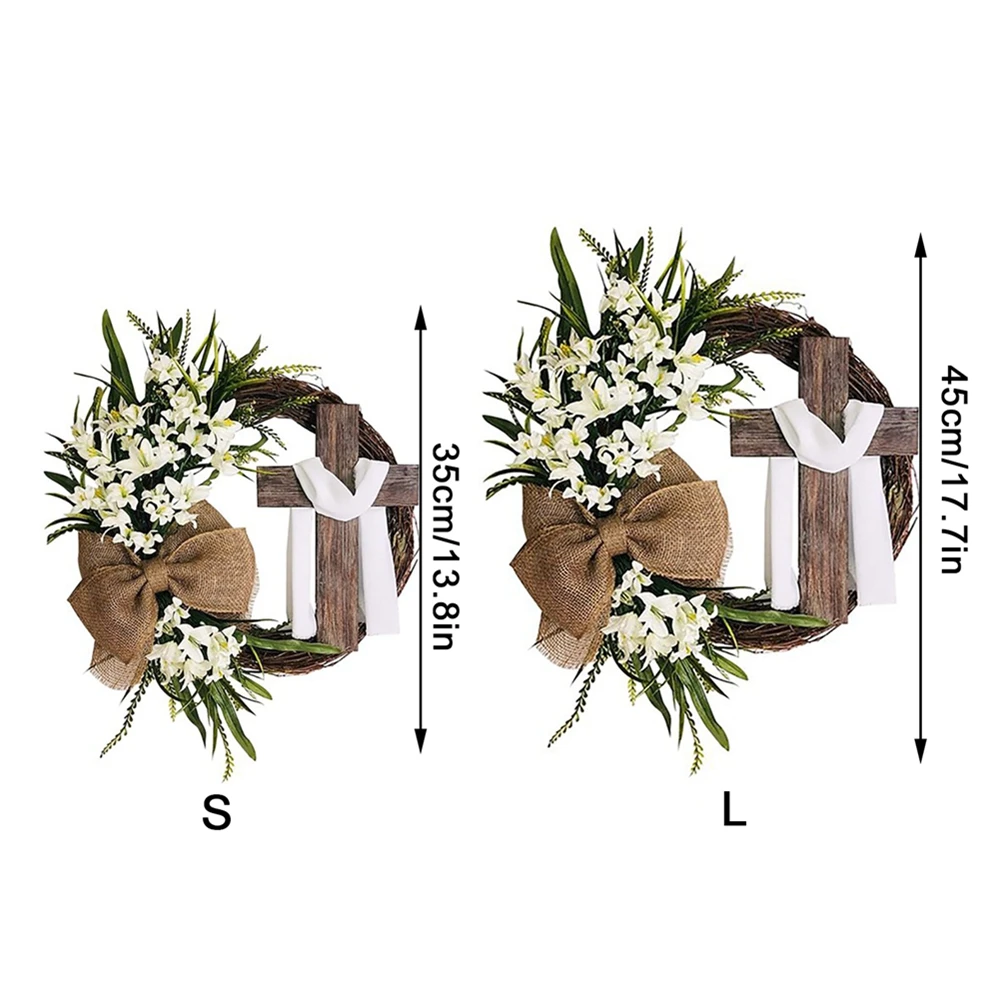 Easter Welcome Cross Wreaths Wooden Religious Ornament Garland Floral Rattan Wall Porch Sign for Front Door Indoor Holiday Decor