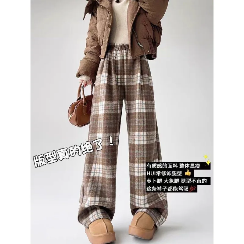 Womens Vintage Plaid Wide Leg Pants High Waist Fleece Lined Thick Loose Straight Casual Winter Trousers