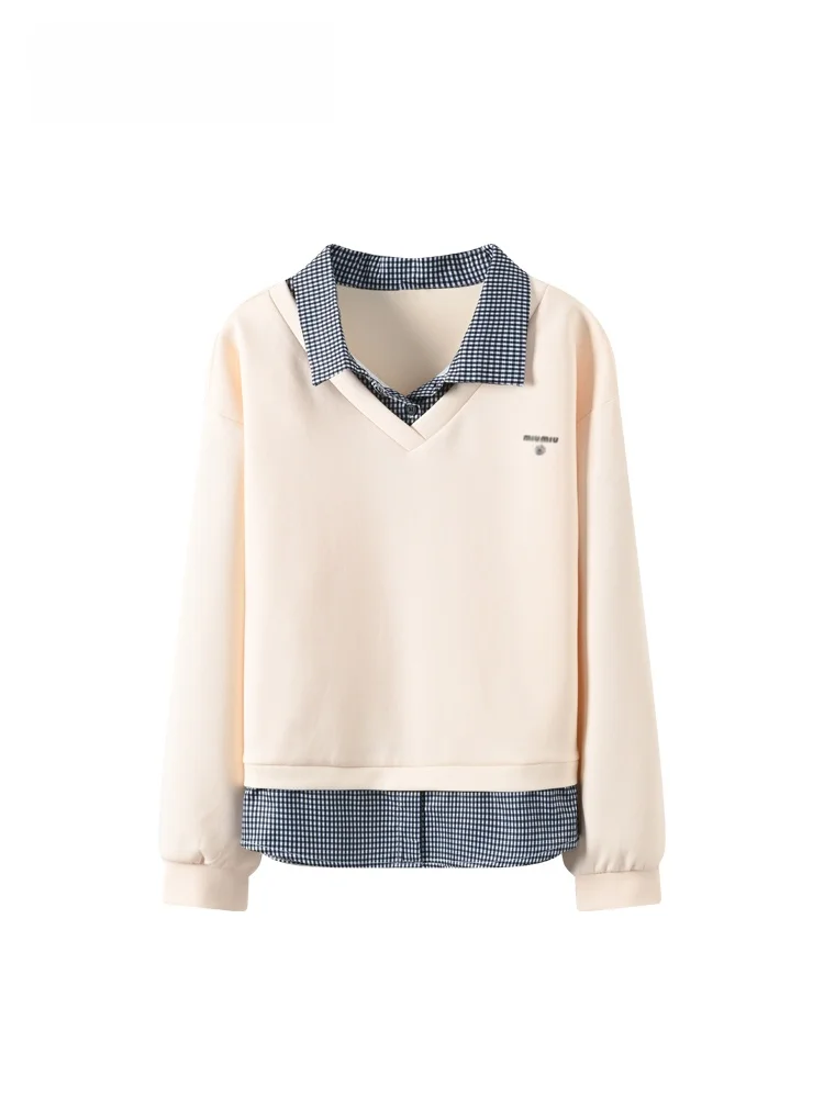 

Thiened Long Sve Sweatirt Women's Casual Warm Club Large Size Fake Two-Piece Autumn Winter New Sle Comfortable Top