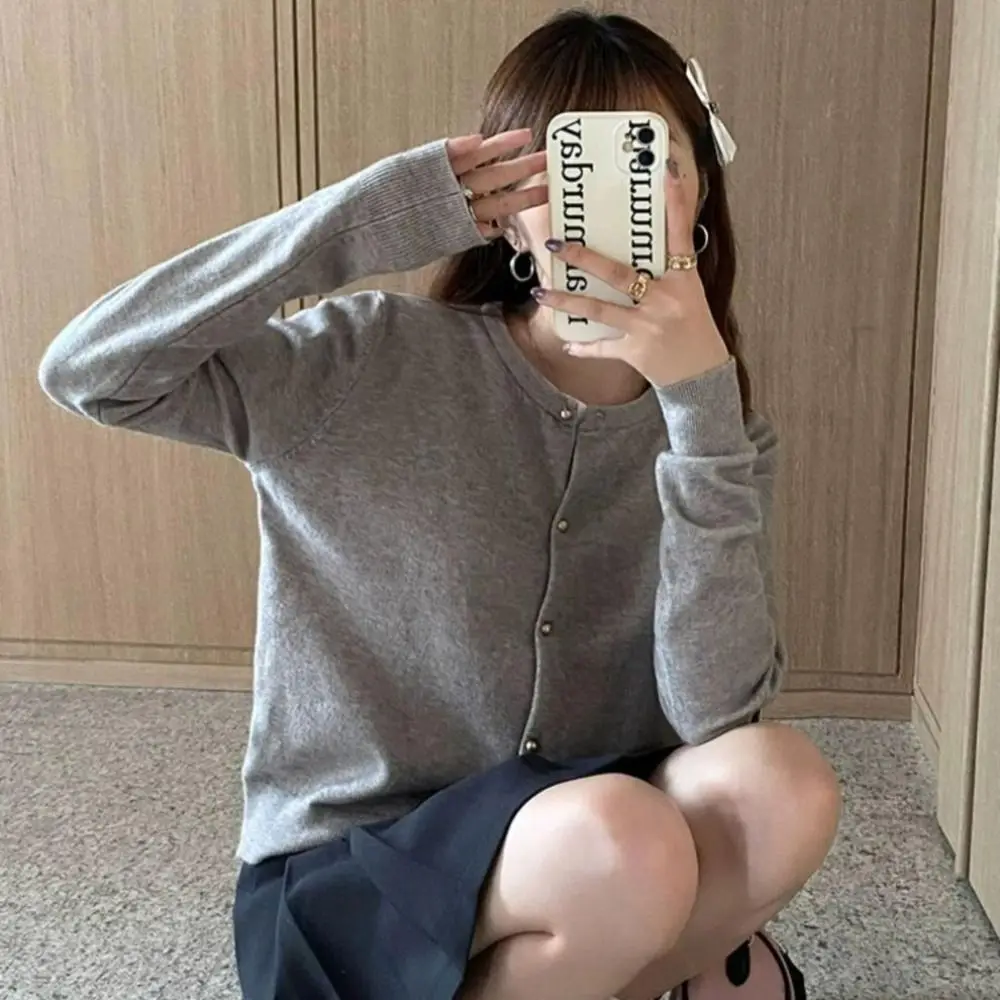 Loose Fit Long Sleeve Knit Cardigan Solid Color Single Breasted Women Sweater Round Neck Women Cardigan