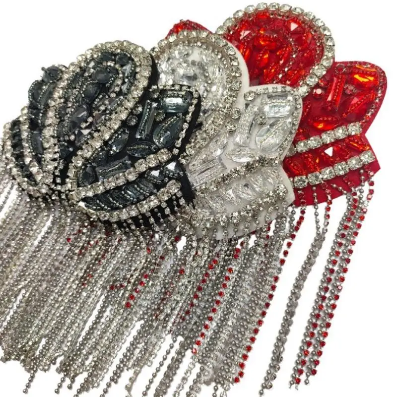 Sparkling Beaded Epaulet Rhinestone Tassel Shoulder Decorations for Performance Costumes Party Evening Dress Embellishment