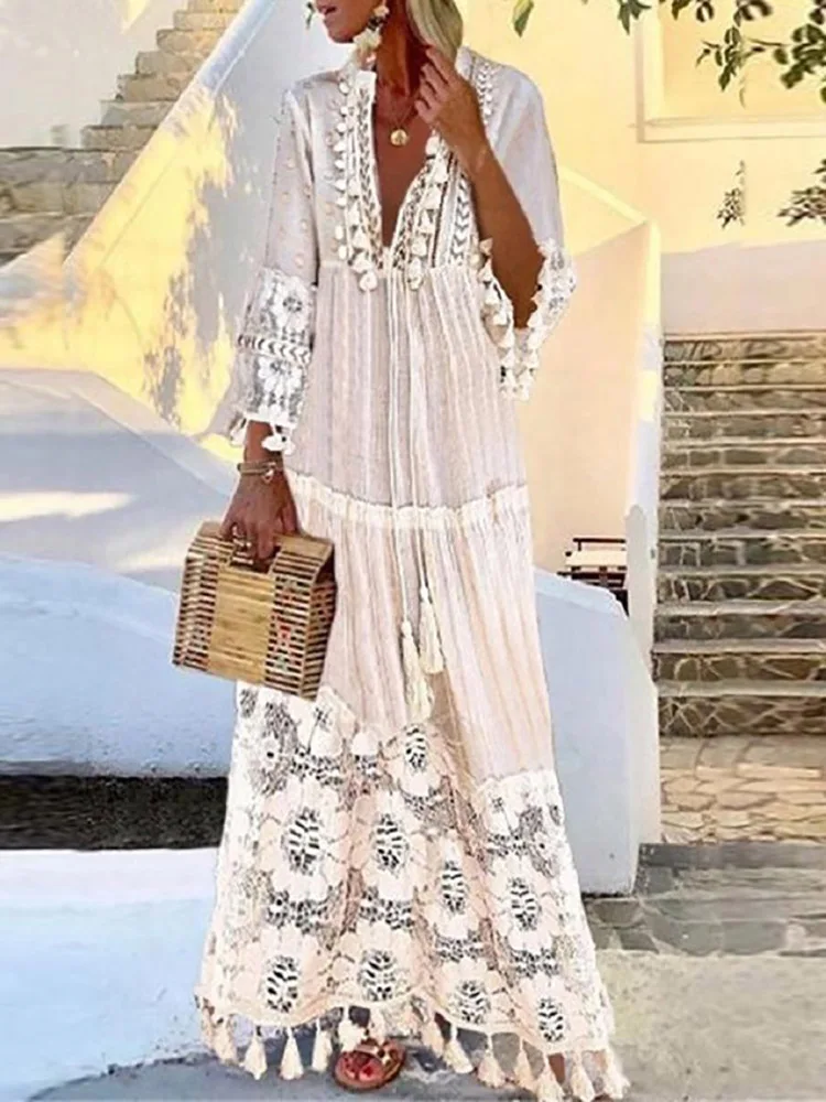 

Sexy Women V Neck Solid Hollow Out Tassel Dress Female Casual Loose Long Party Dress Patchwork Slim Fit Beach Dresses Vestidos