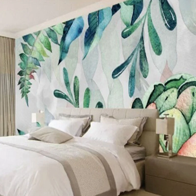 New modern and simple hand-painted flower and green plant bedroom home decoration background wall custom mural