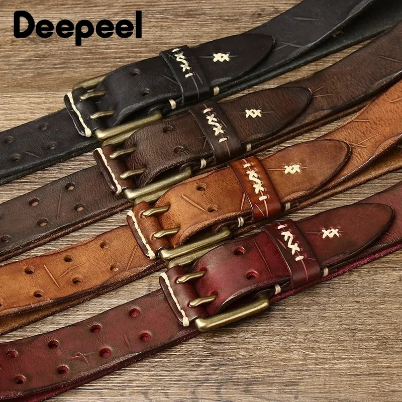 1Pc Deepeel 3.8*105-125cm  Men's Cowhide Leather Belts Vintage Double Needle Buckle Belt Adults Male Wide Waistband with Jeans