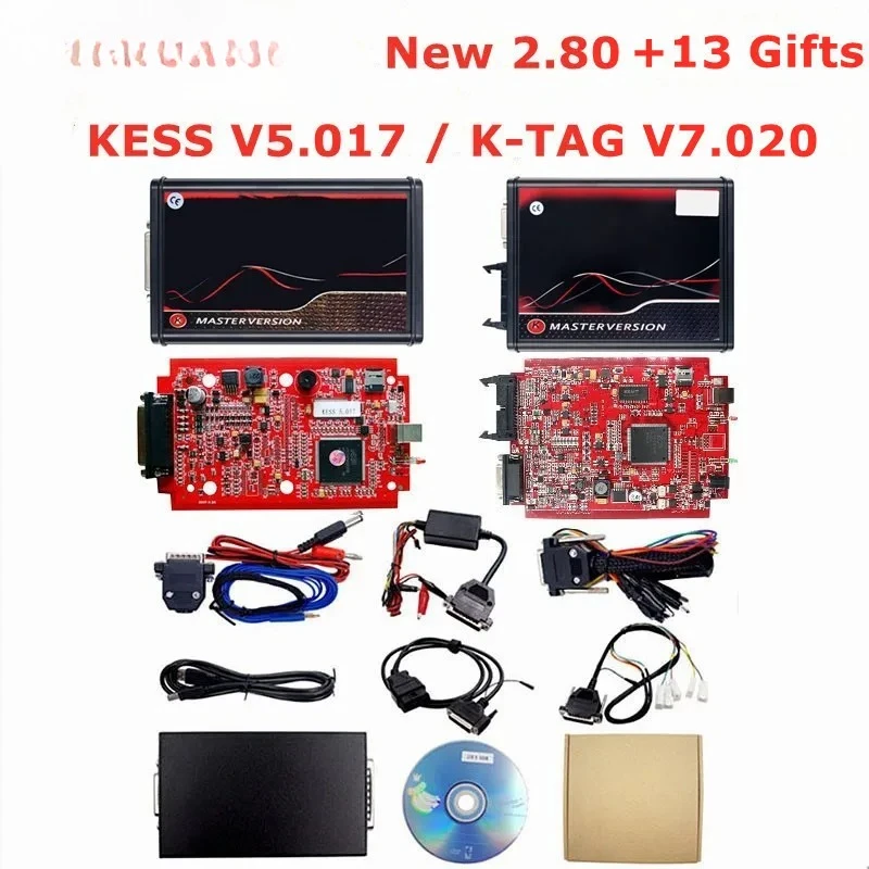 Online 2.80 EU Red Kess V5.017 OBD2 Manager Remap Kit KTAG V7.020 4 LED BDM Frame 22pcs Adapters K-TAG 2.25 ECU Flash Tool