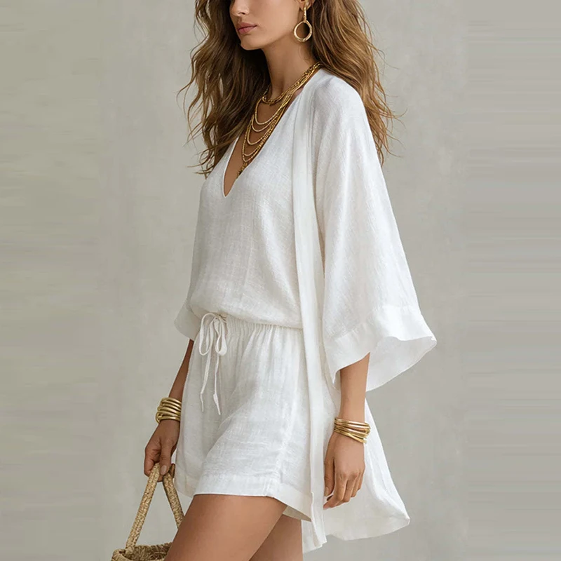 

2026 Summer New Cotton Linen 3 Piece Set Casual V-neck Sleeveless Tops&Shorts Sets Fashion Women Loose Pocket Solid Color Outfit