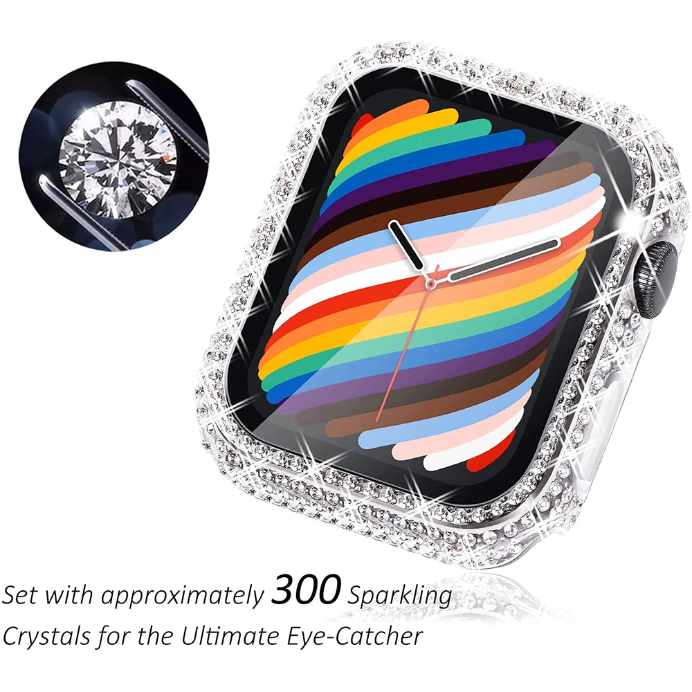Glass+Diamond Case for Apple Watch Series 7 8 45mm 41mm Glitter Rhinestone Protector Full Protection Bumper for Iwatch Series 9