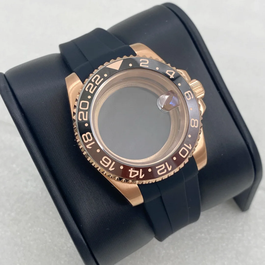 40mm Rose Gold Diver Watch Case With Rubber Strap Set Transparent Back Sapphire Crystal Fit NH34 NH35 Movement Watch Mod Parts