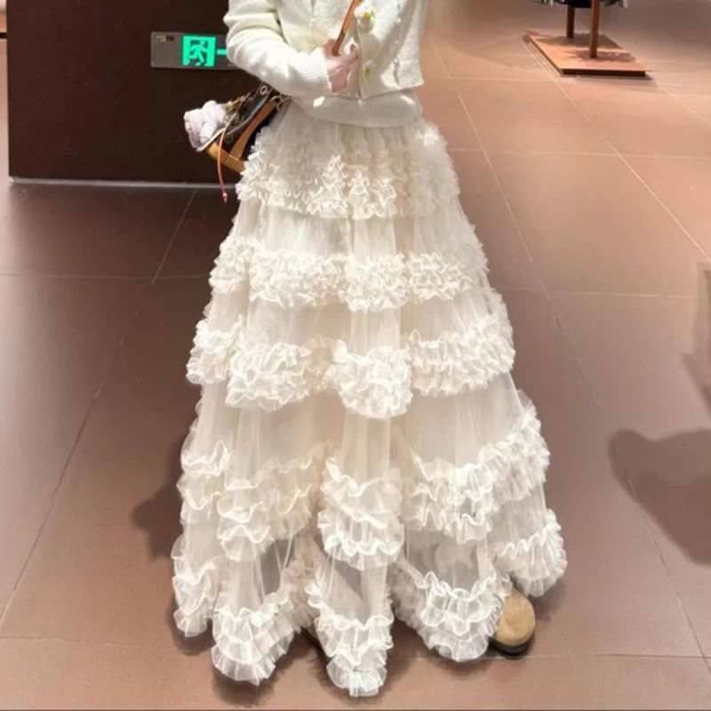 Sweet High Waisted Tulle Skirt Women Mesh Ruffles Pleated Elegant Skirt Layered Preppy Style Beach Vacation Party Vestidos