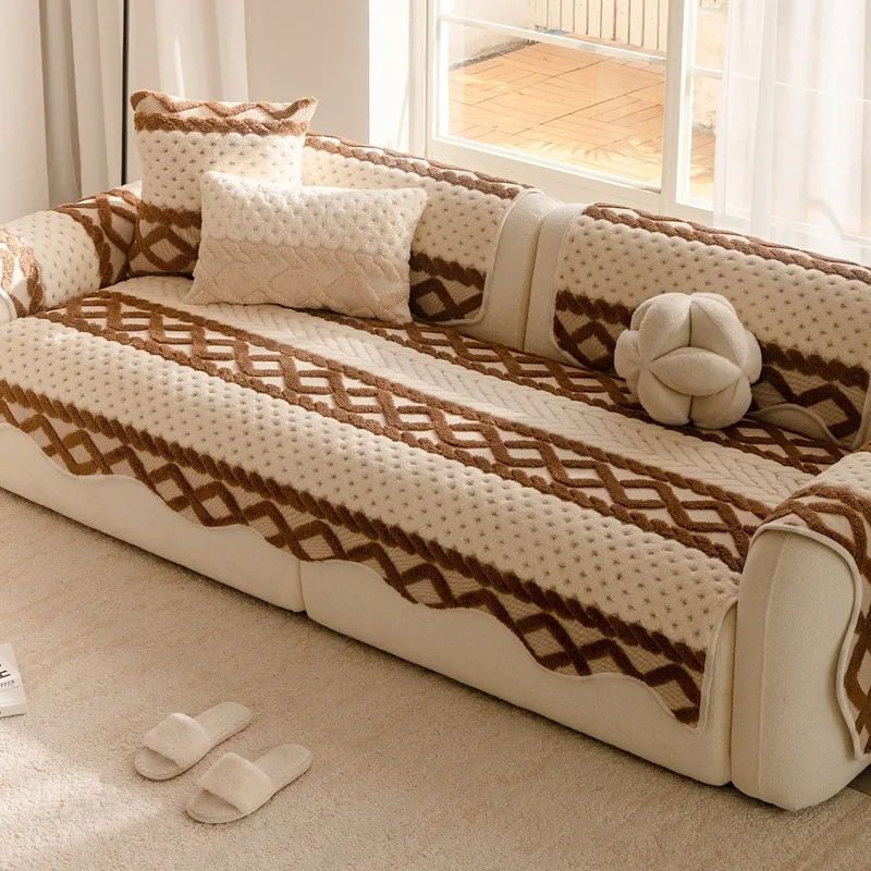 Geometric Jacquard Plush Sofa Cushion High-End Anti Slip Furniture Protector for Living Room Autumn and Winter Warm Sofa Cover