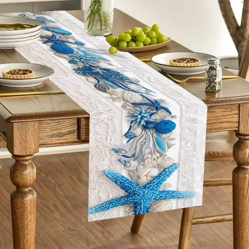 قطعة واحدة من مفرش طاولة على شكل صدفة ستيريو للمحيط، تظليل من الدانتيل مع أصداف مقلدة وديكور نجم البحر، مناسبة لحفلات الزفاف على الشاطئ، والمطاعم ذات طابع المحيط، وحفلات الشاطئ، والديكورات المصنوعة يدويًا، والحفلات الصيفية، والاستوديوهات الفنية