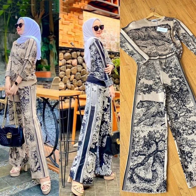 Vintage Jungle Knit Suit Muslim Sets Middle East Dubai Fashion Women's Clothing Print Tops + Wide Leg Pants 2ps Womens Outfits