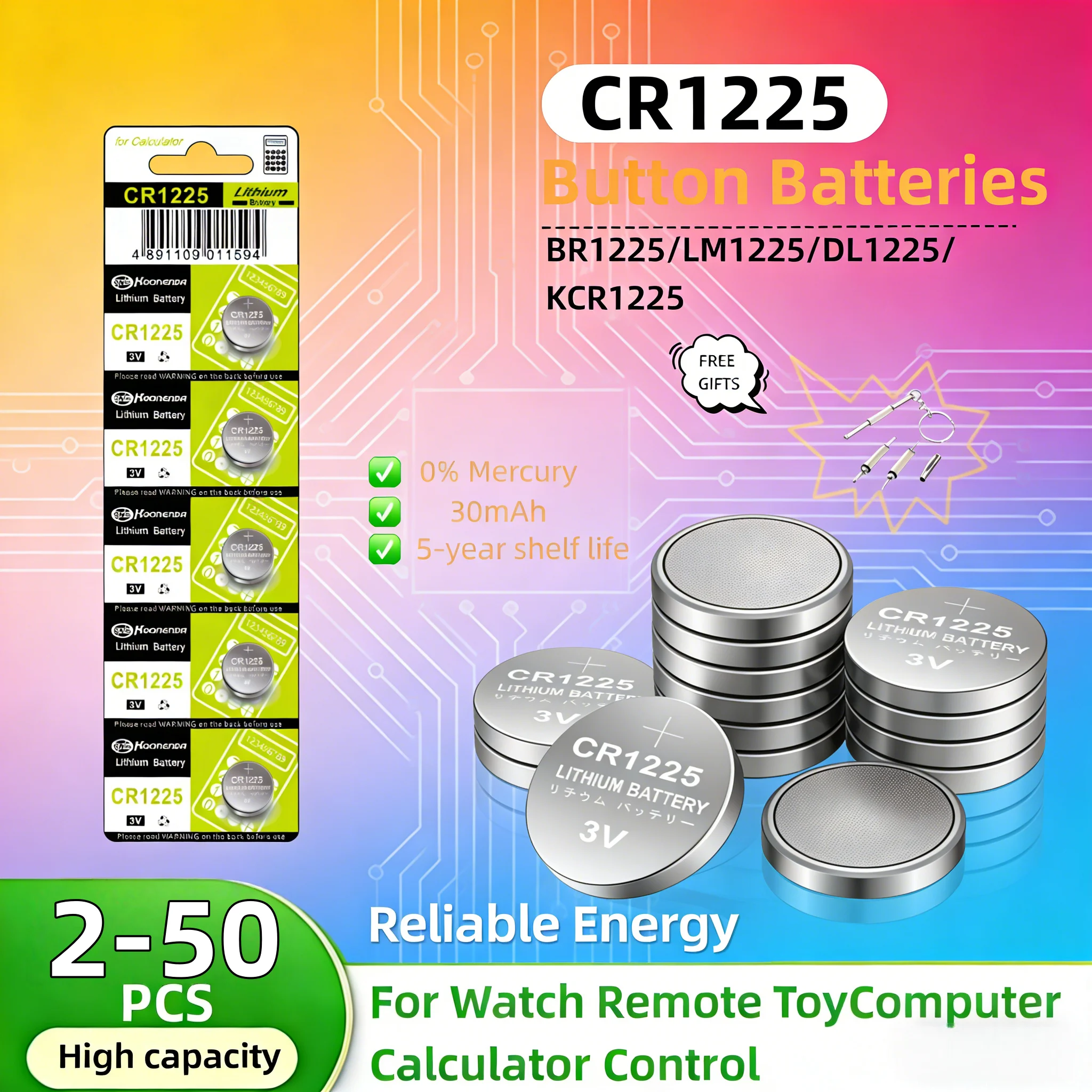 

CR1225 3V Lithium Battery 2-50Pcs 50mAh DL1225 BR1225 5020LC LM1225 Coin Cell for Watch Remote Toys