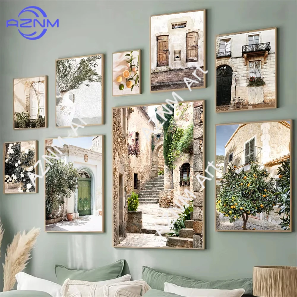 1PC ，Spanish Italy Puglia Architecture Posters Canvas Painting Green Leaves Indoor Plants Wall Art Print Pictures Living Room