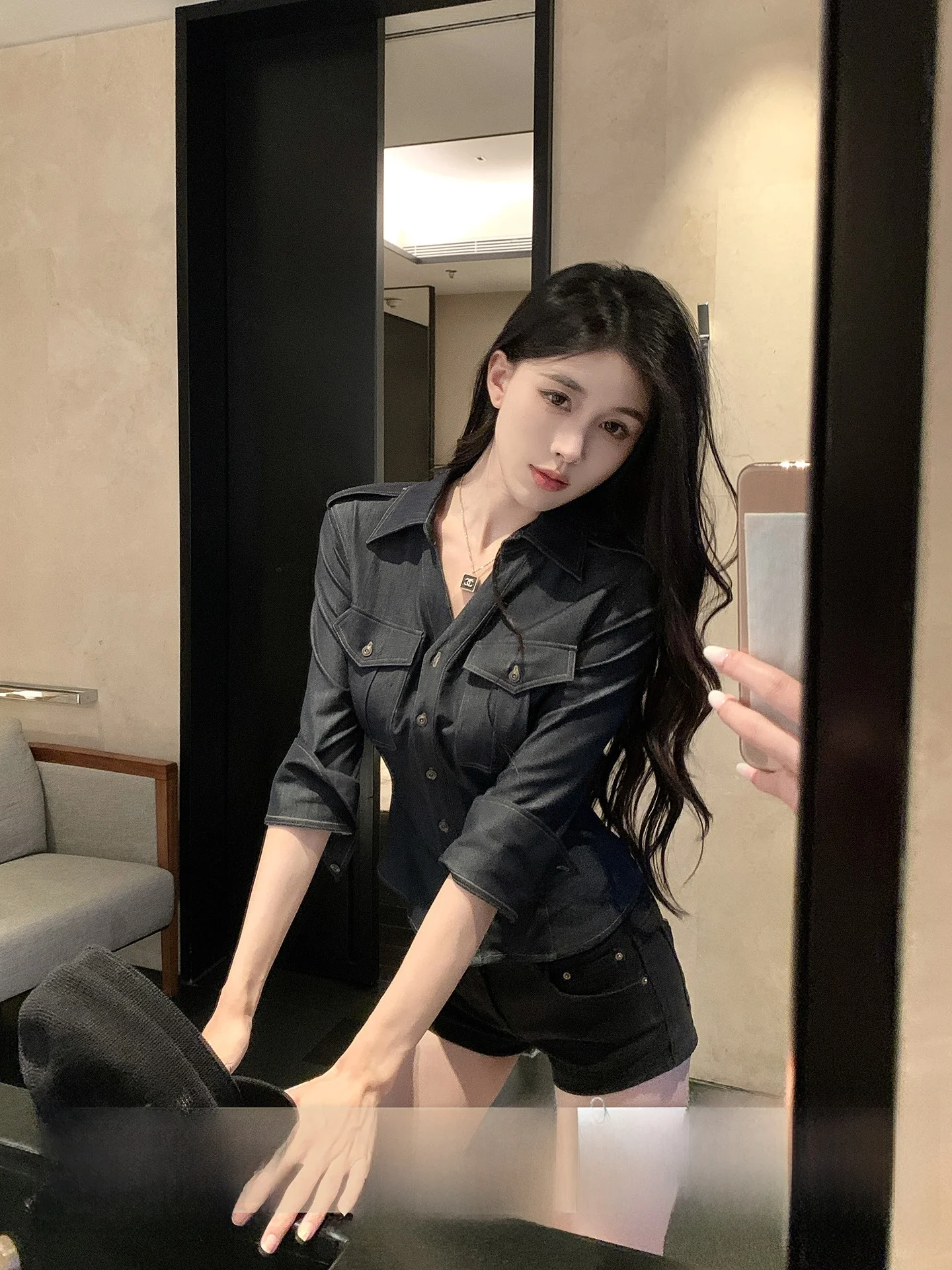 

Slim Fit Vintage Casual Faion Waist Cinched Denim irt ort Sle Slimming Top Coat for Women Autumn Initials