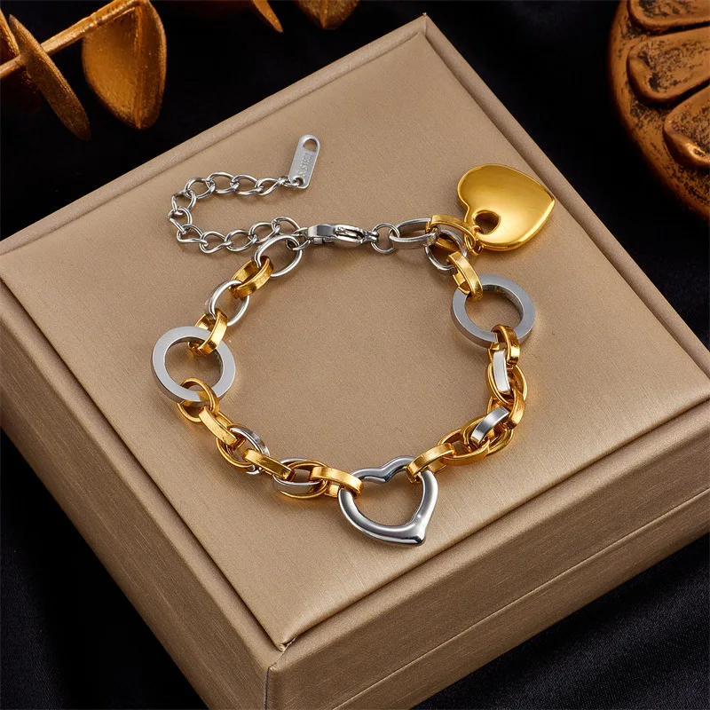 

High Quality New Woman's Fashion Jewelry Golden Stainless Steel Extend Chain Link Heart Bracelets RJ275