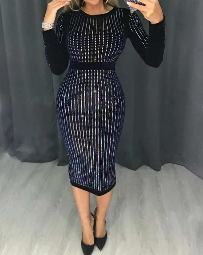 Rhinestone Rhinestone Decorative Tight Round Neck Long Sleeved Party Dress with Buttocks Wrapped and Sexy Temperament Dress