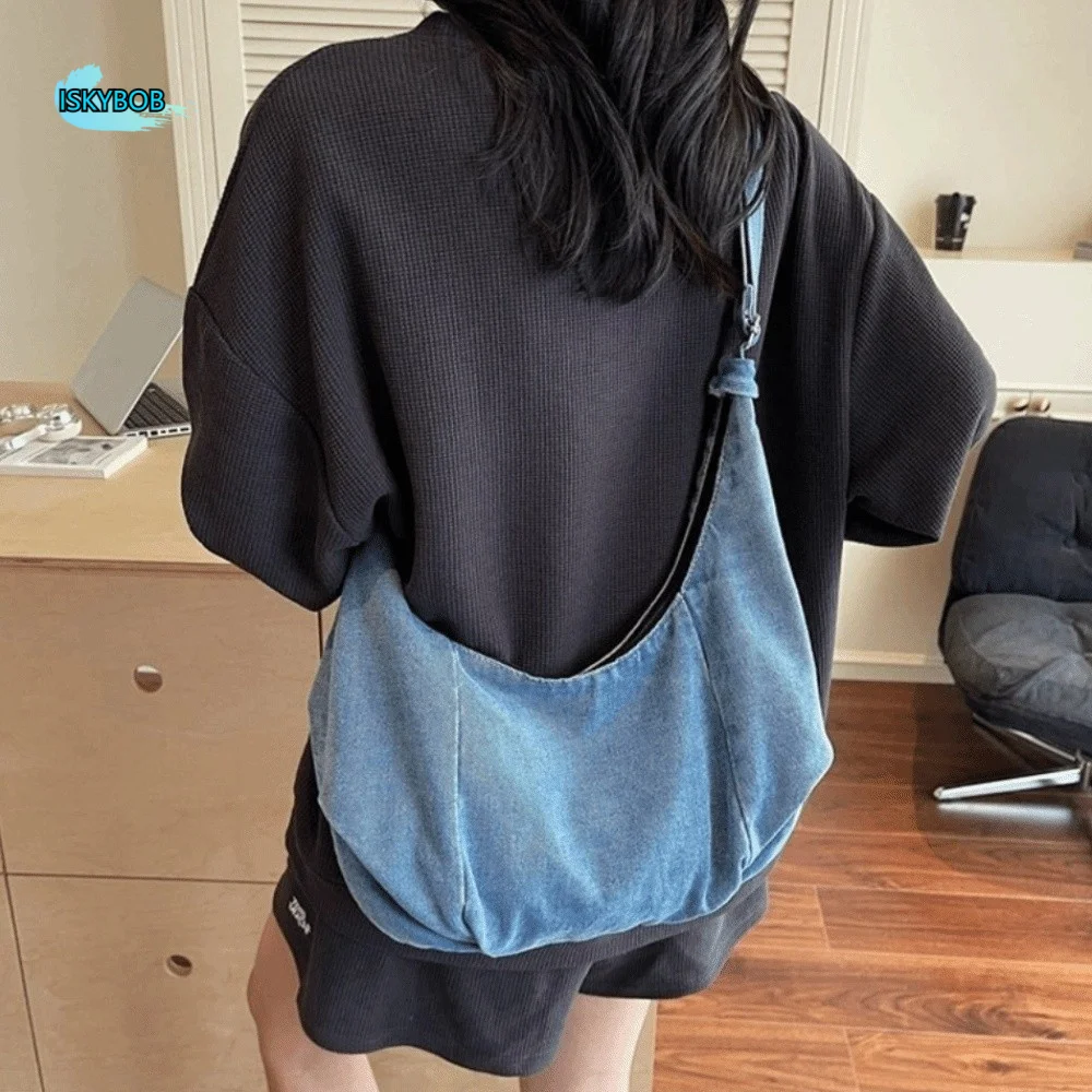

Casual Vintage Denim Shoulder Bag Large Capacity Versatile Hobo Sling Bag Zipper Cross Body Satchel Bags Women Men