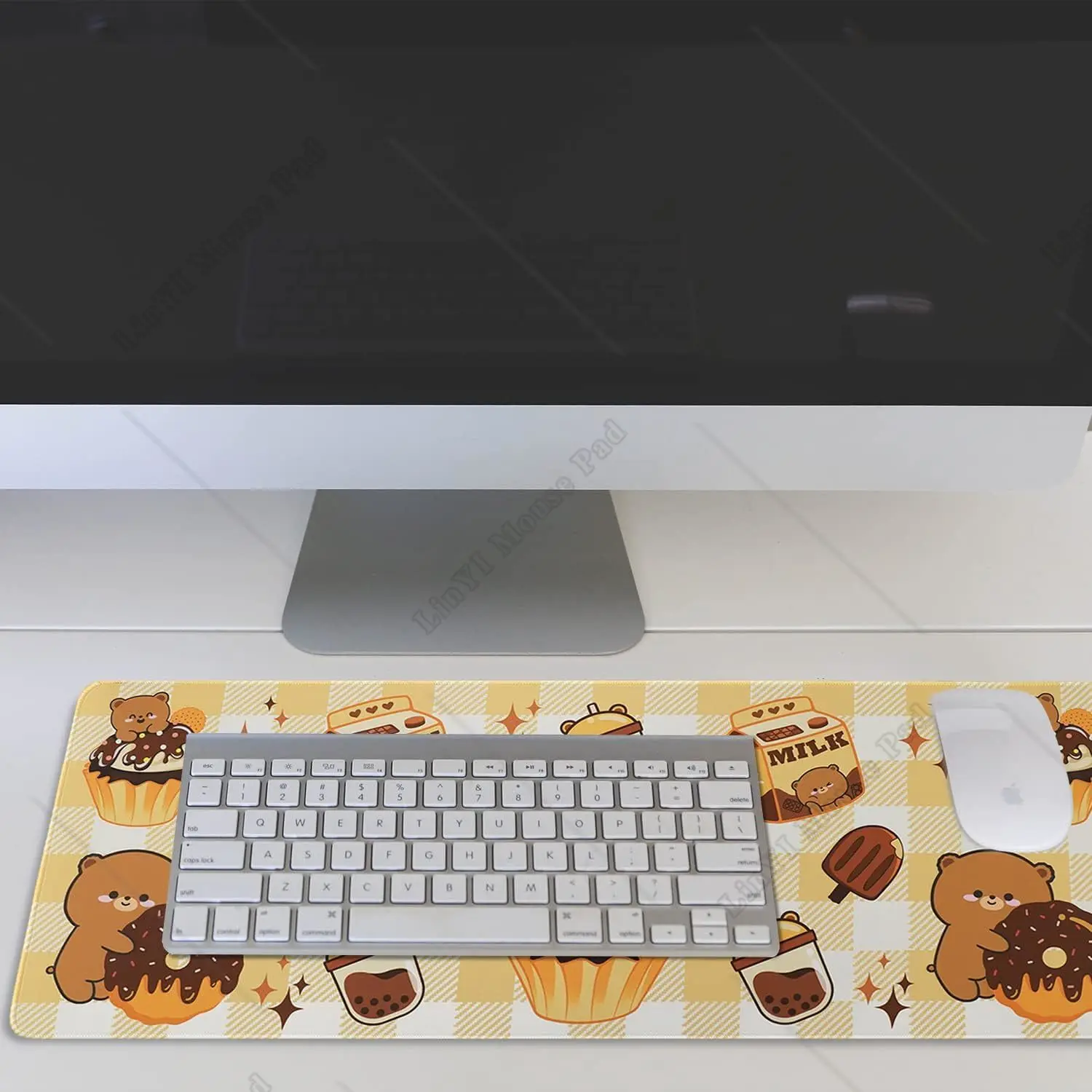 Grande Kawaii Bear Gaming Mouse Pad, Donut de Chocolate, Laranja, Amarelo, XXL, Acessórios de Decoração, 31.5X11.8"