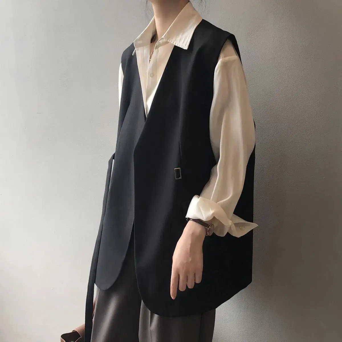 Women Solid Lace-up Suit Vest Sleeveless Cardigan V-neck Loose Waistcoat Chic Jacket High-end Coat Black Tank Top New