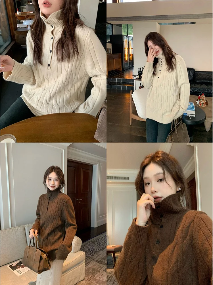 

Женский твидовый свитер больших размеров с высоким воротником, повседневный, свободного кроя, теплый вязаный топ для полных женщин, удобный, уютный, для отдыха