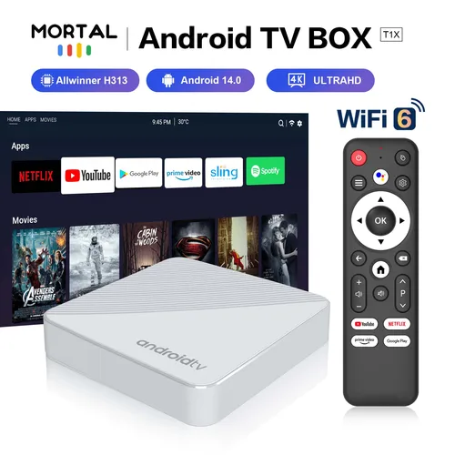 Mortal TV Box Android 14 T1X Voz Netflix Chromecast Wifi 6 BT5.0 4K HDR10 YouTube H313 Reproductor multimedia de transmisión Juegos Set Top Box