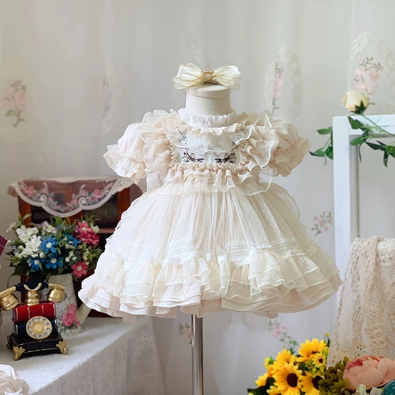 

Customized Flower Girl Dress For Wedding Lace Short Sleeve High Waist Knee Length Elegant Kids Birthday First Communion Gown