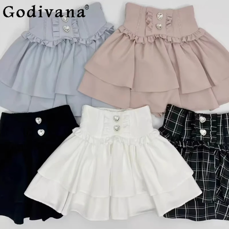 

Japanese Style Sweet Short Skirt for Women Waist Cinching Summer Lace Skirt Female Spring Autumn JK Solid Color Mini Skirt