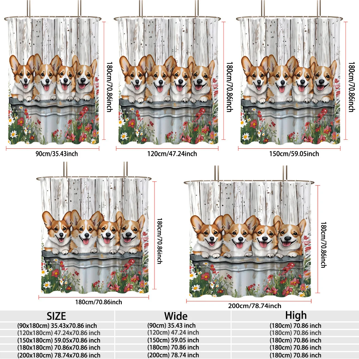 Waterproof Polyester Shower Curtain Adorable Four Smiling Corgi Dogs Metal Tub Wild Flower Vintage Wooden Wall Digital Print