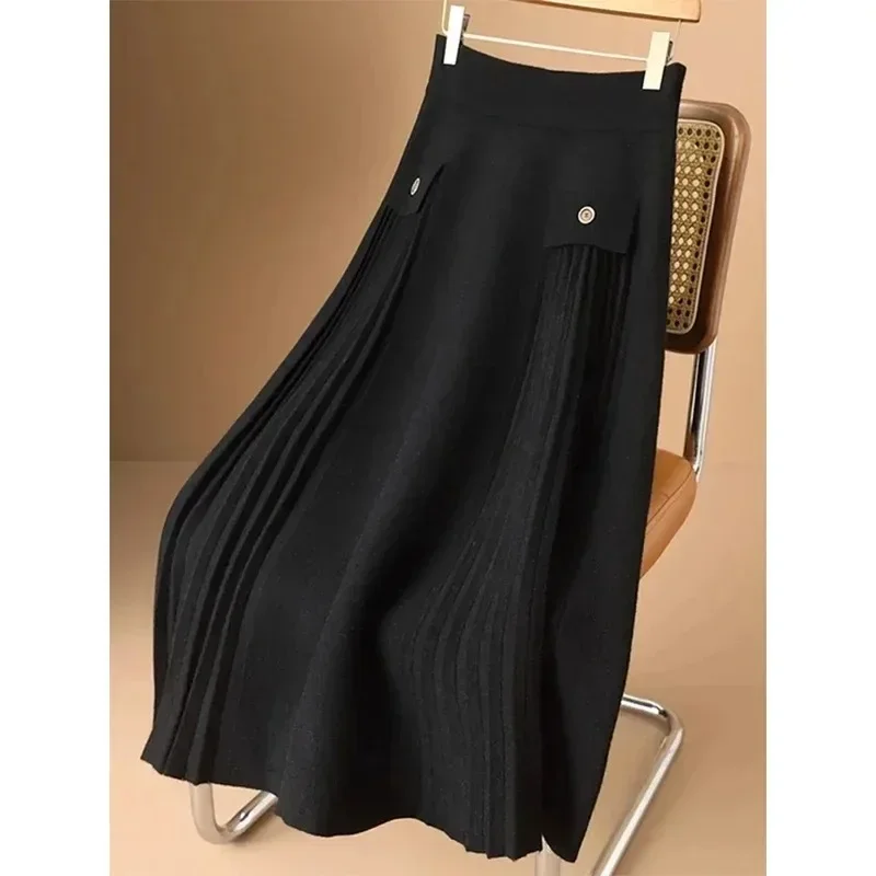 

Elegant Knitted Midi Skirts Women Vintage Black Pleated Skirt Winter Ladies Korean High Waist Patchwork Chic A Line Long Skirt
