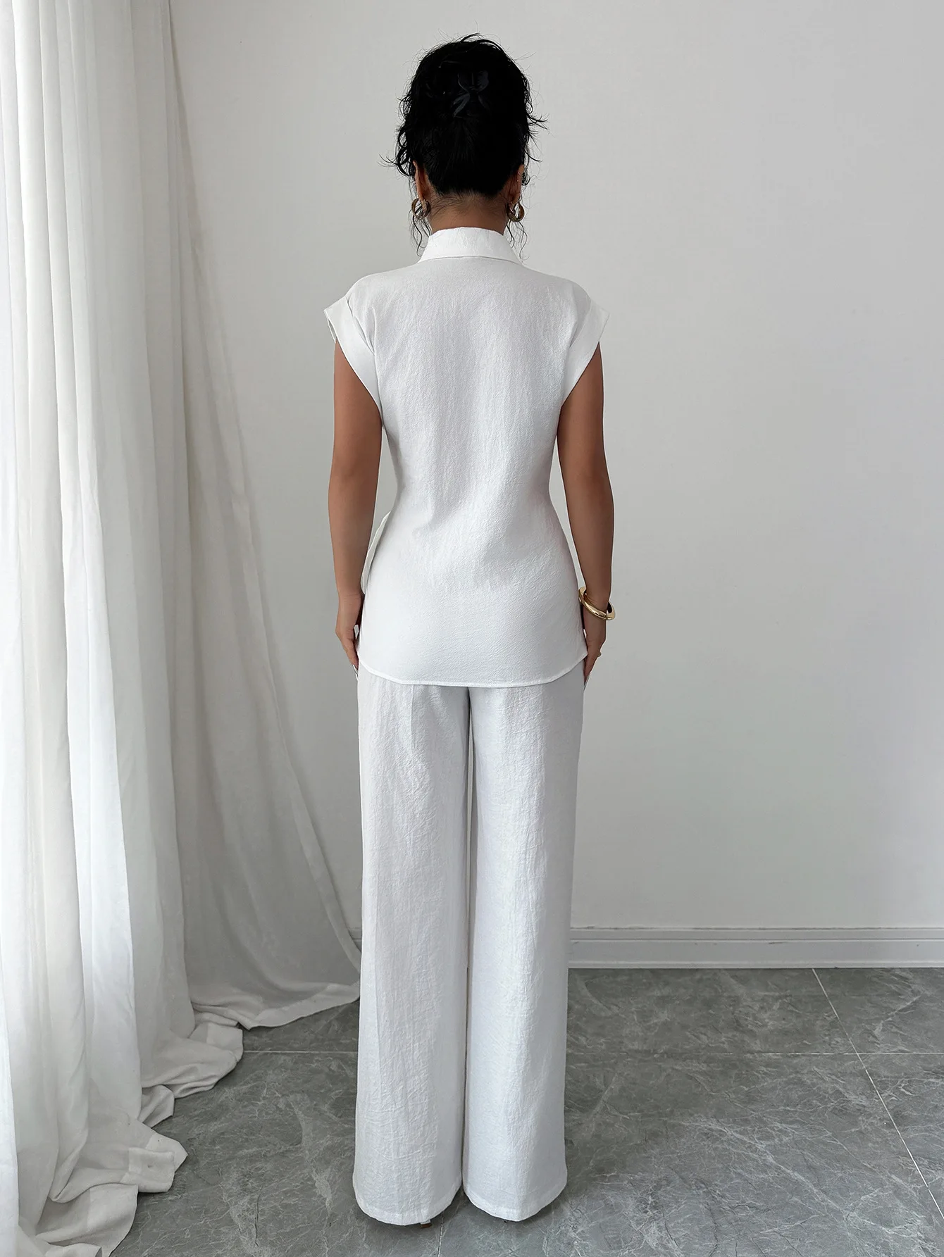 

Two Piece Set Women Outfit 2026 New Spring Solid Color Turn-Down Collar Short Sleeved Lace Up Shirt & Straight Leg Pants Set