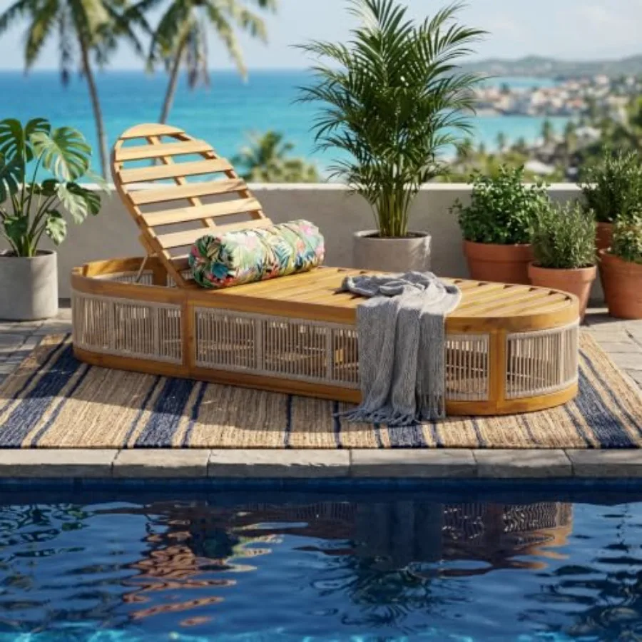 Outdoor chaise lounge chair for poolside use, acacia wood frame with rope accent, slatted design, 3-position adjustable backres