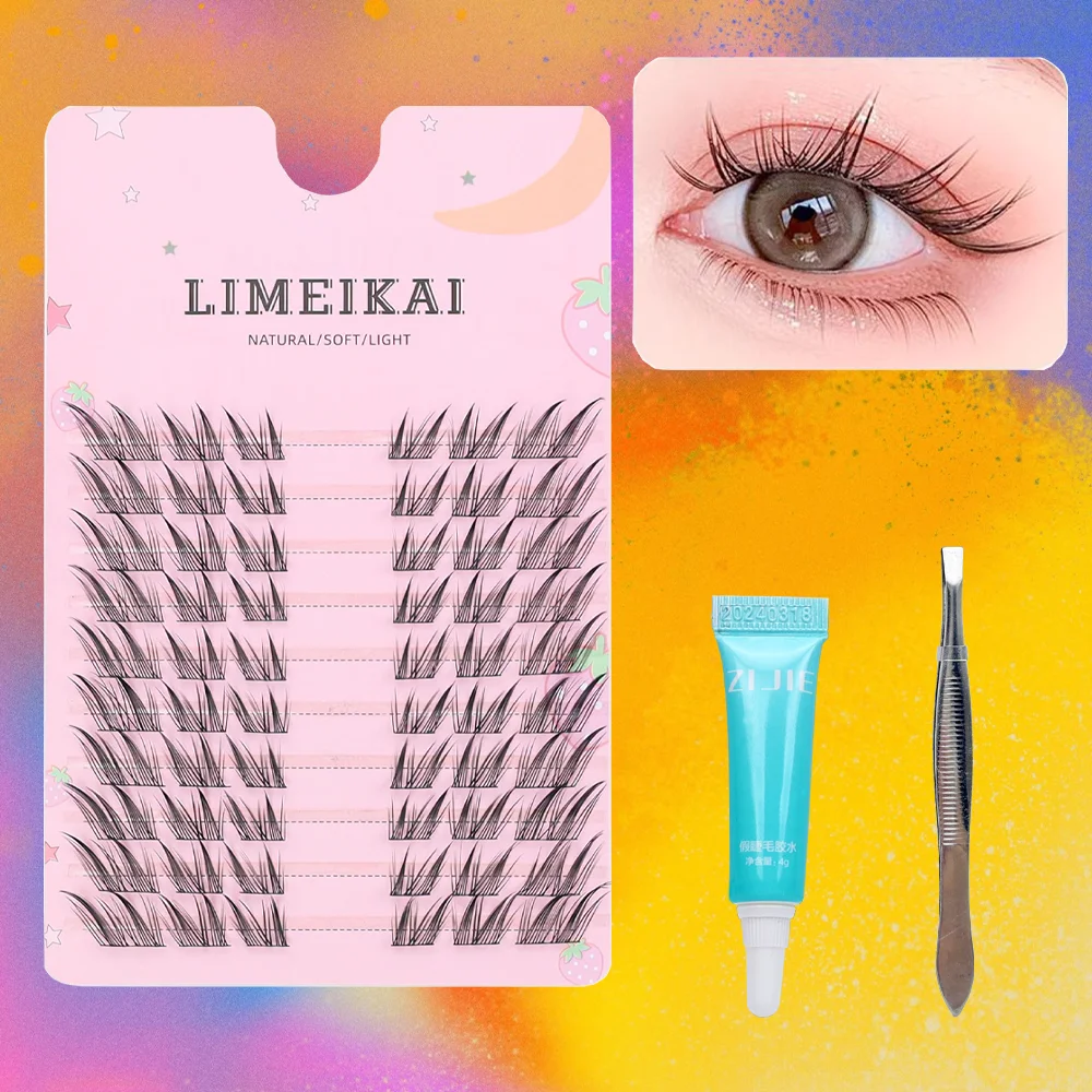 자연스러운 애니메이션 스타일 인조 속눈썹 연장 글루 세트+속눈썹 글루+특수 속눈썹 클립 -60개 클러스터, 9-14mm, C형 컬