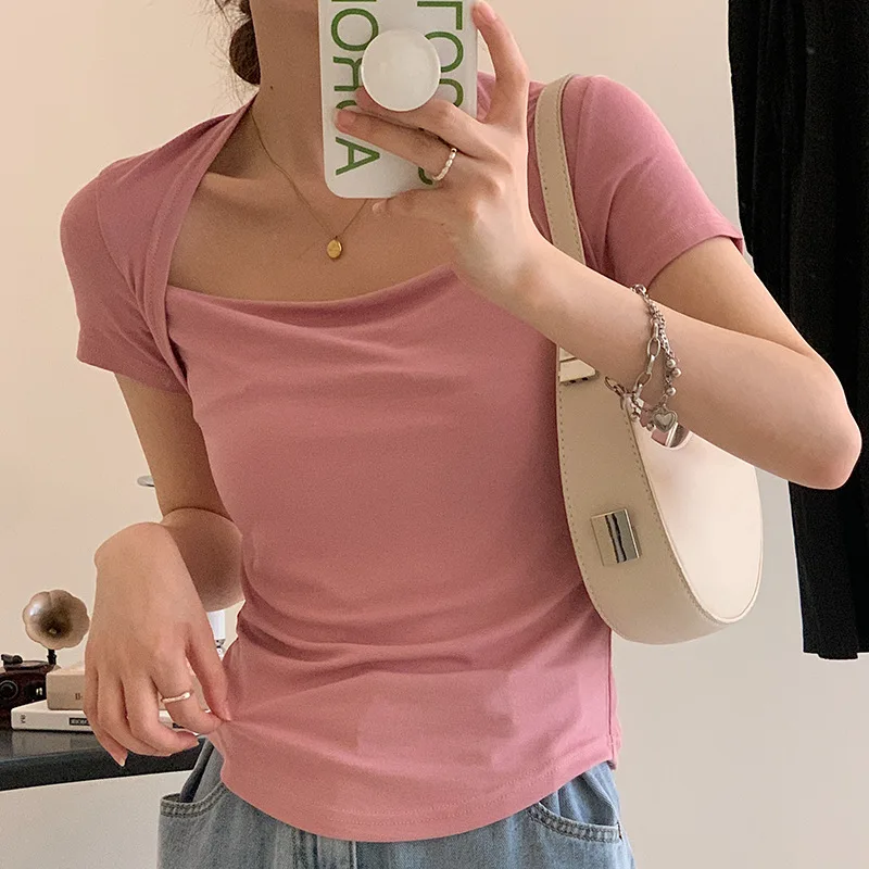 

Pure Desire Sweet And Spicy Girl Short Chic Top, Summer Niche Design, Exposed Collarbone Square Neck Short Sleeved T-Shirt