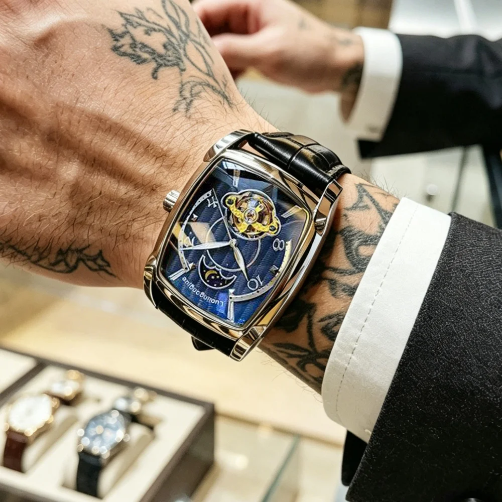 

Luxury Men's Barrel-Shaped Mechanical Watch with Skeleton Tourbillon + Sun, Moon, and Star Display, Waterproof and Wear-Resistant Leather Strap, Versatile for Business, Commuting, and Daily Use, High-End Men's Automatic Mechanical Wristwatch