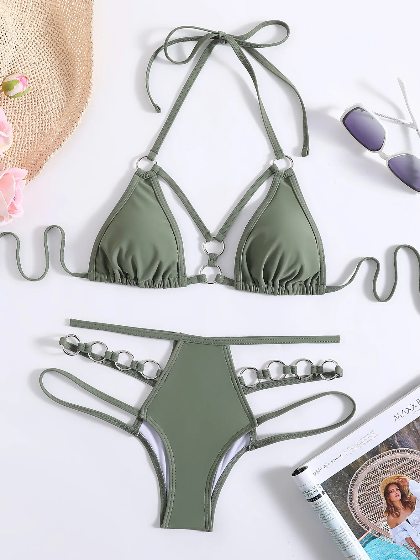 sexy army green push up ring bikinis sets two pieces high waist padded bathing suit beach wear women thong bikini swimsuits