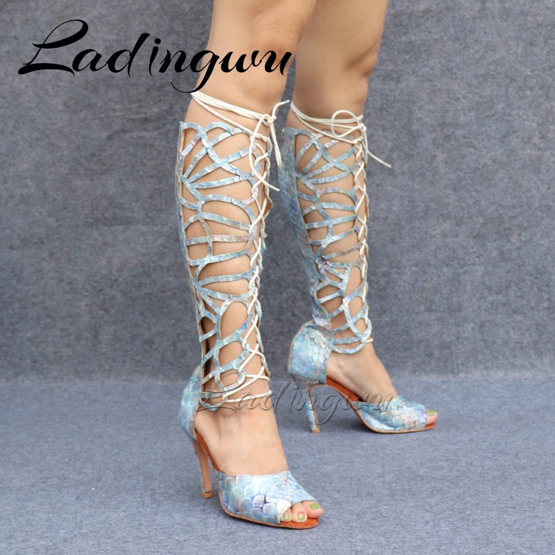 Ladingwu high-end material feito sob encomenda textura de escala de peixe sapatos de dança feminina sexy pólo botas de dança senhoras casamento