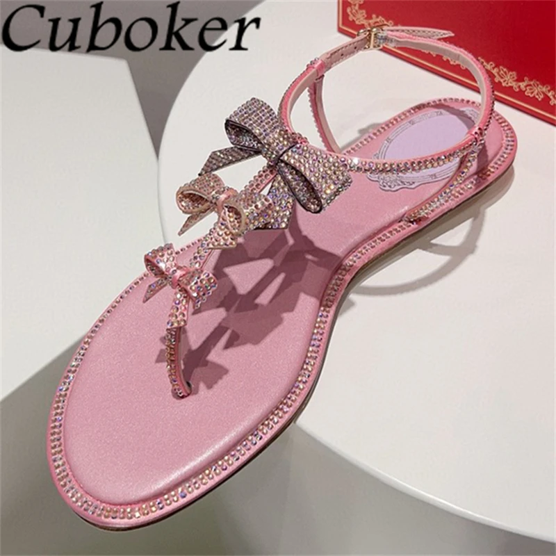 

2024 Summer New Flat Flip Flops Bowknot Crystal Sandals Women Fashion Ankle Buckle Rome Sandals Ladies Casual Beach Shoes Mujer