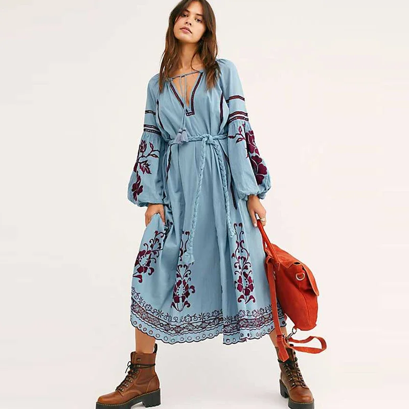 Laterne Langarm Tunika Kleid Frauen Vintage Ethnische Blumen Stickerei Blau Baumwolle Rayon Herbst Kleider Vestidos Boho Robe