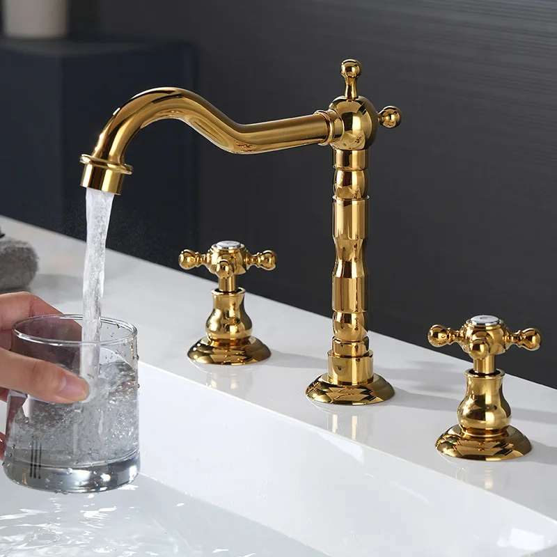 Luxury Solid brass Classic European style Bathroom basin faucet Two Handles Three Holes Hot and cold water Sink Tap,Opulent Gold