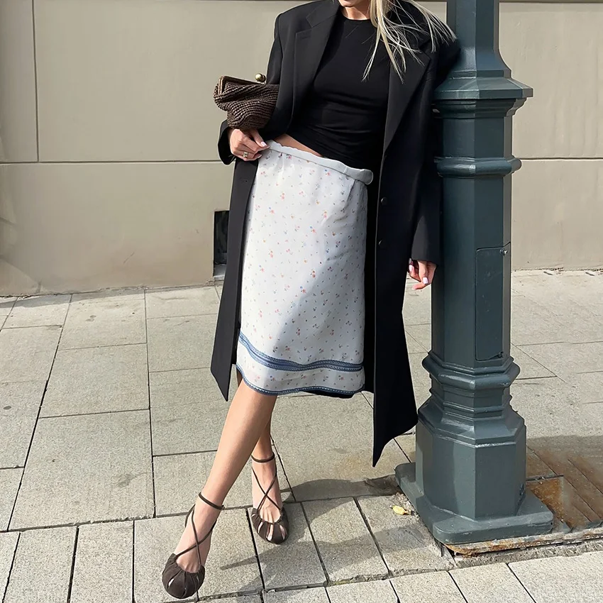 Linad Vintage imprimé taille élastique jupes longues pour les femmes décontracté Satin jupe droite automne rue Chic genou longueur jupes 2025