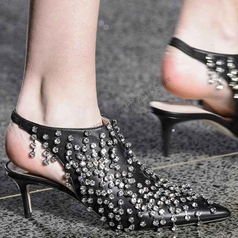 

Crystal Decor Hollow Cut Heel Black Pointed Toe Pumps Slip On Women Shoes Thin High Heels Sexy Runway 2023 Zapatos Para Mujere