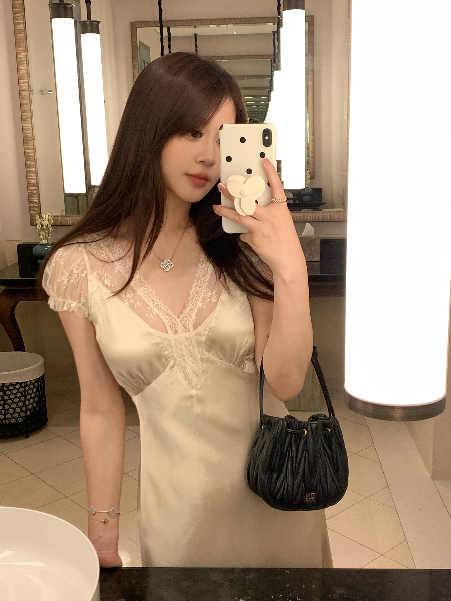 

AHY Shiny Skirt Long Slimming Dress V-neck Belted 100% Viscose Lace Patchwork Glowing New Arrival Women's Casual Fairy Dress