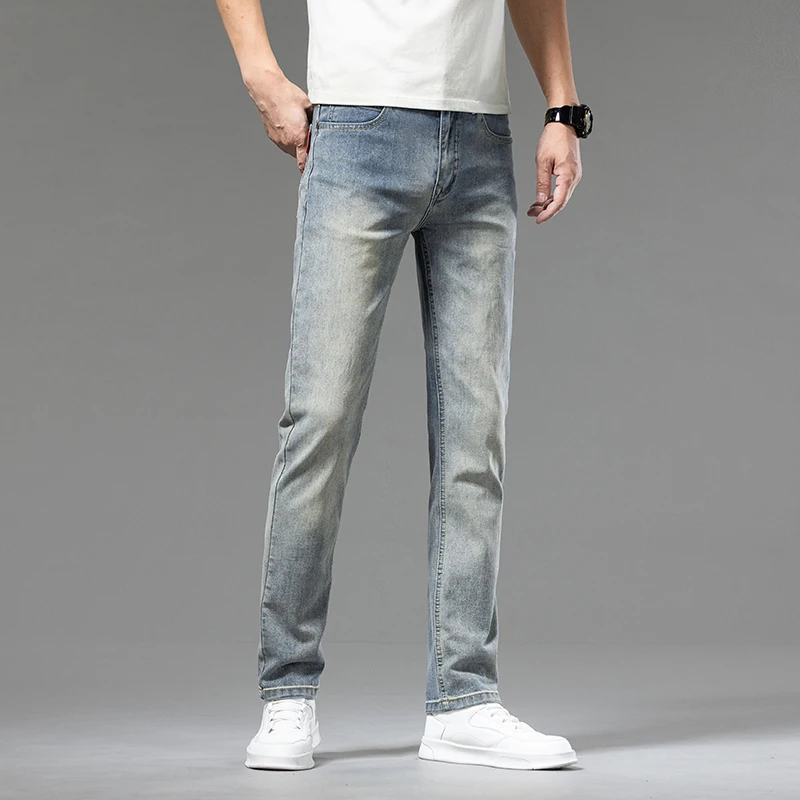 Summer new high quality retro vintage jeans for men slim fit straight leg elastic trendy and versatile pants for young men