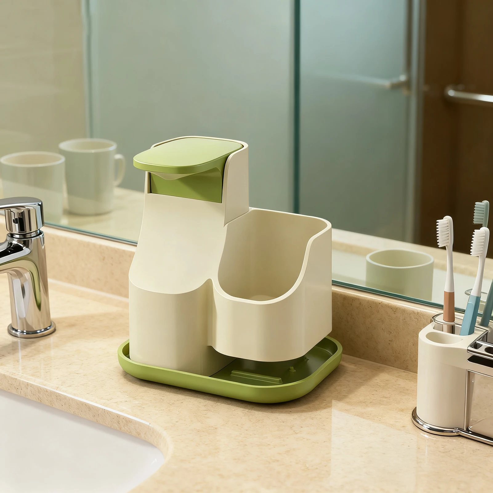 Soap Dispenser with Sponge Holder Press Mechanism Leak Resistant Design Refillable for Kitchen Bathroom Use